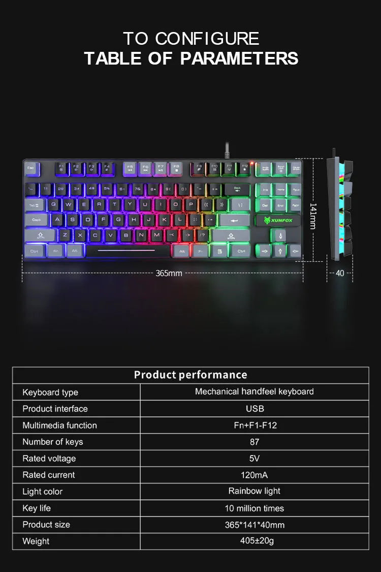 K10 87 Keys LED Luminous Keyboard Home Gaming Keyboards USB Wired Rainbow Backlight Desktop Computer Keyboard Office Accessories