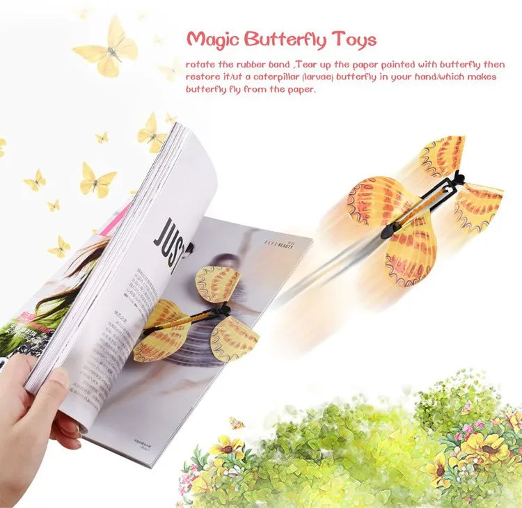 Magic Flying Butterflies Wind Up Toy In The Sky Bookmark Greeting Cards Rubber Band Powered Kids Magic Props Surpris Gift