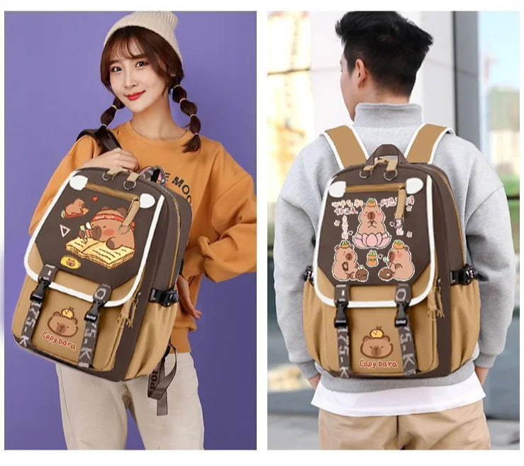 Cute Capybara Backpack Waterproof Large-Capacity Multi-Compartment Backpack Animal Print School Bag Capybara Plush Toy Included