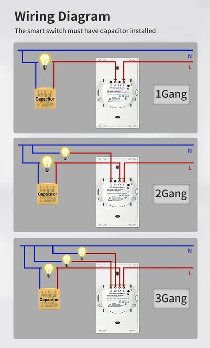 Tuya US WiFi+Bluetooth Smart Switches No Neutral Wire Required 1/2/3/4 Gang Light WiFi Touch Switch Work with Alexa Google Home