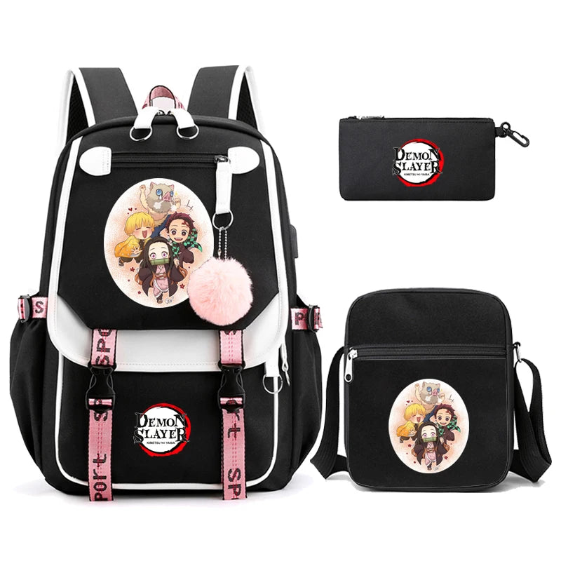 3Pcs/set Anime Kamado Nezuko Demon Slayer Backpacks for Girls School Bag Teenager Student Canvas Laptop Back Pack Women Rucksack