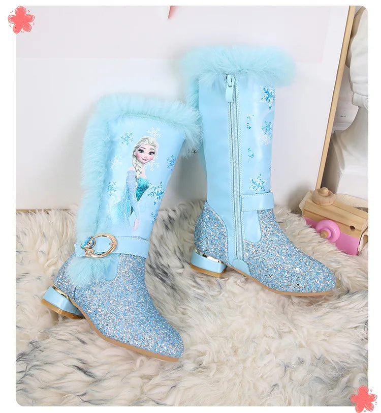 Disney Girls' High Heel Boots Winter Children's High Sleeve Plush Snow Warm Boots Princess Elsa Long Pink Blue Boots Size 26-37