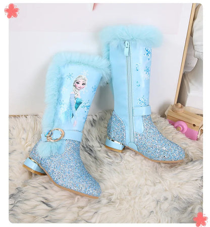 Disney Girls' High Heel Boots Winter Children's High Sleeve Plush Snow Warm Boots Princess Elsa Long Pink Blue Boots Size 26-37