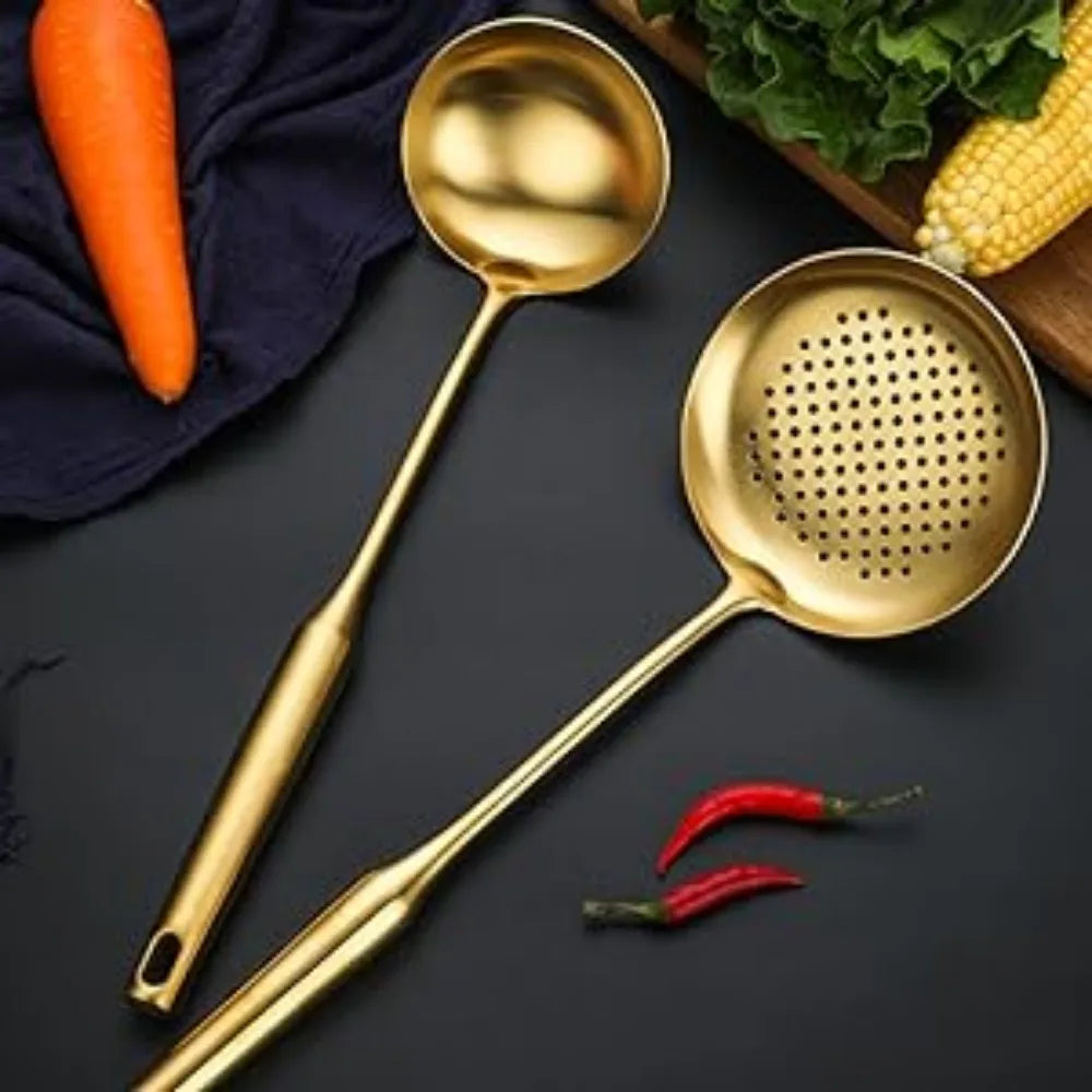 Gold Kitchen Utensils Set with Stand – 7 Piece 304 Stainless Steel Brass Cooking Tools with Rotating Holder, Spatula, Slotted