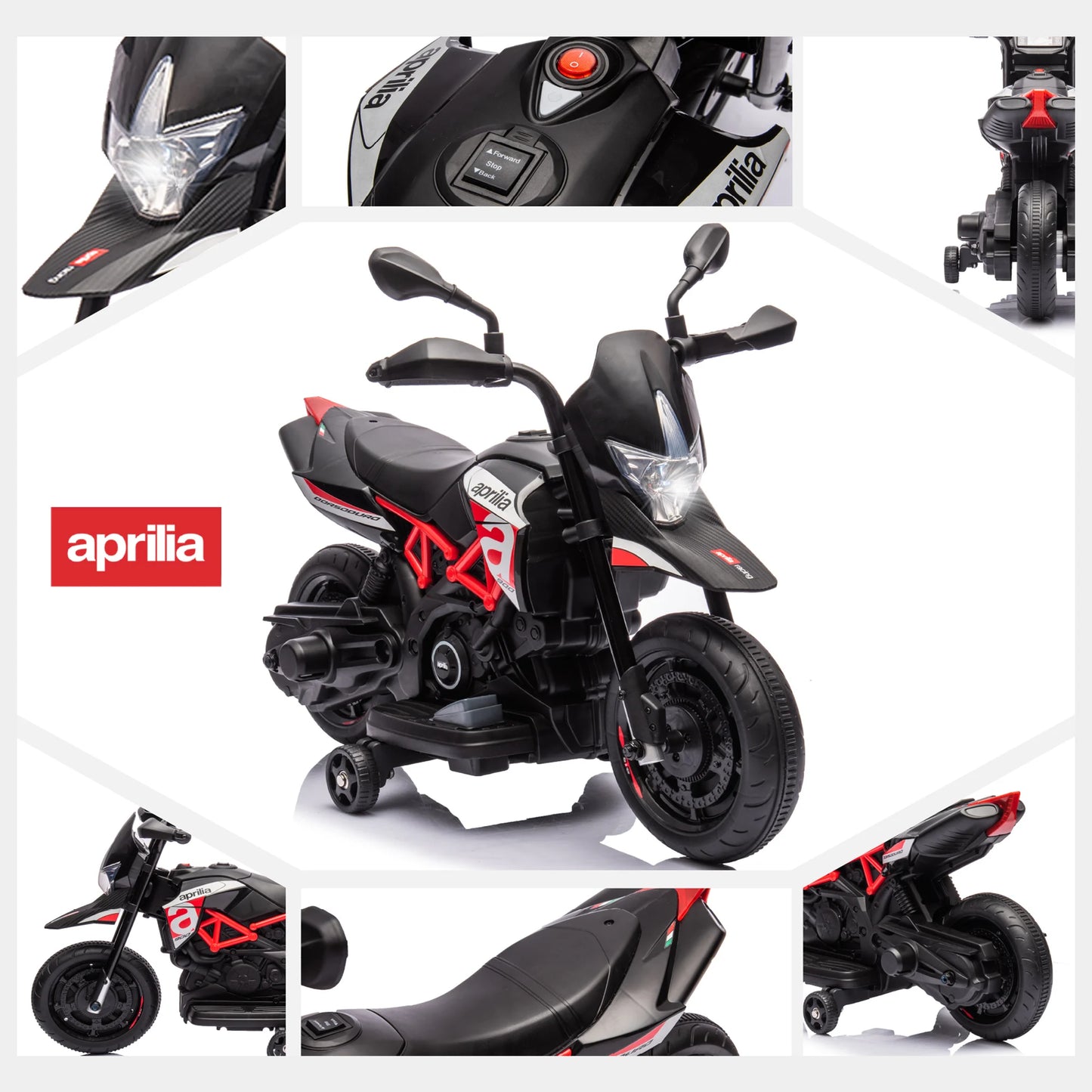 Red, Licensed Aprilia Electric Motorcycle, 6V Kids Motorcycle, Ride On Toy w/Training Wheels, LED Lights, Sounds & Music, Batter