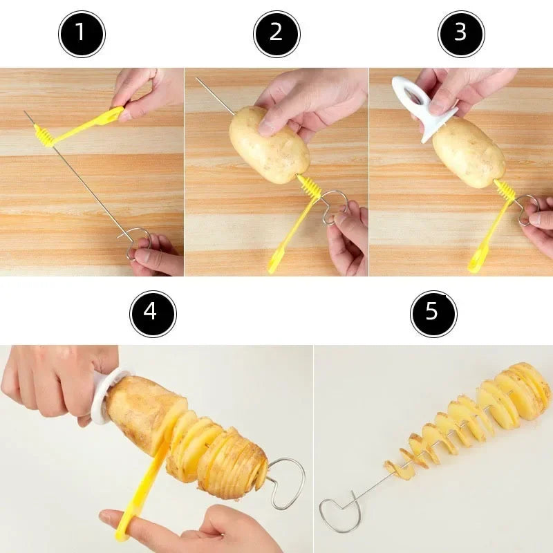 Potato Slicing Skewer Manual Rotating Tower Spiral Cyclone Potato Roll Slicing Skewer Cut Potato Roll Gadgets