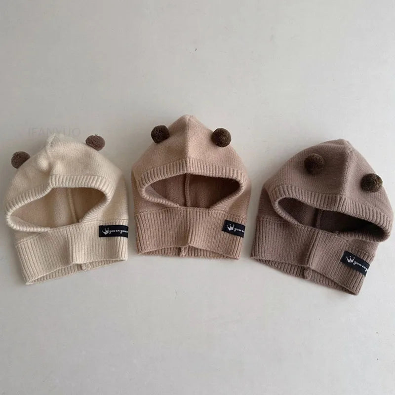 Baby Scarf Hat One-piece Knitted Cap Warm Cute Double Hairball Children Ear Protection Caps Korean Boys Girls Kid Windproof Hats