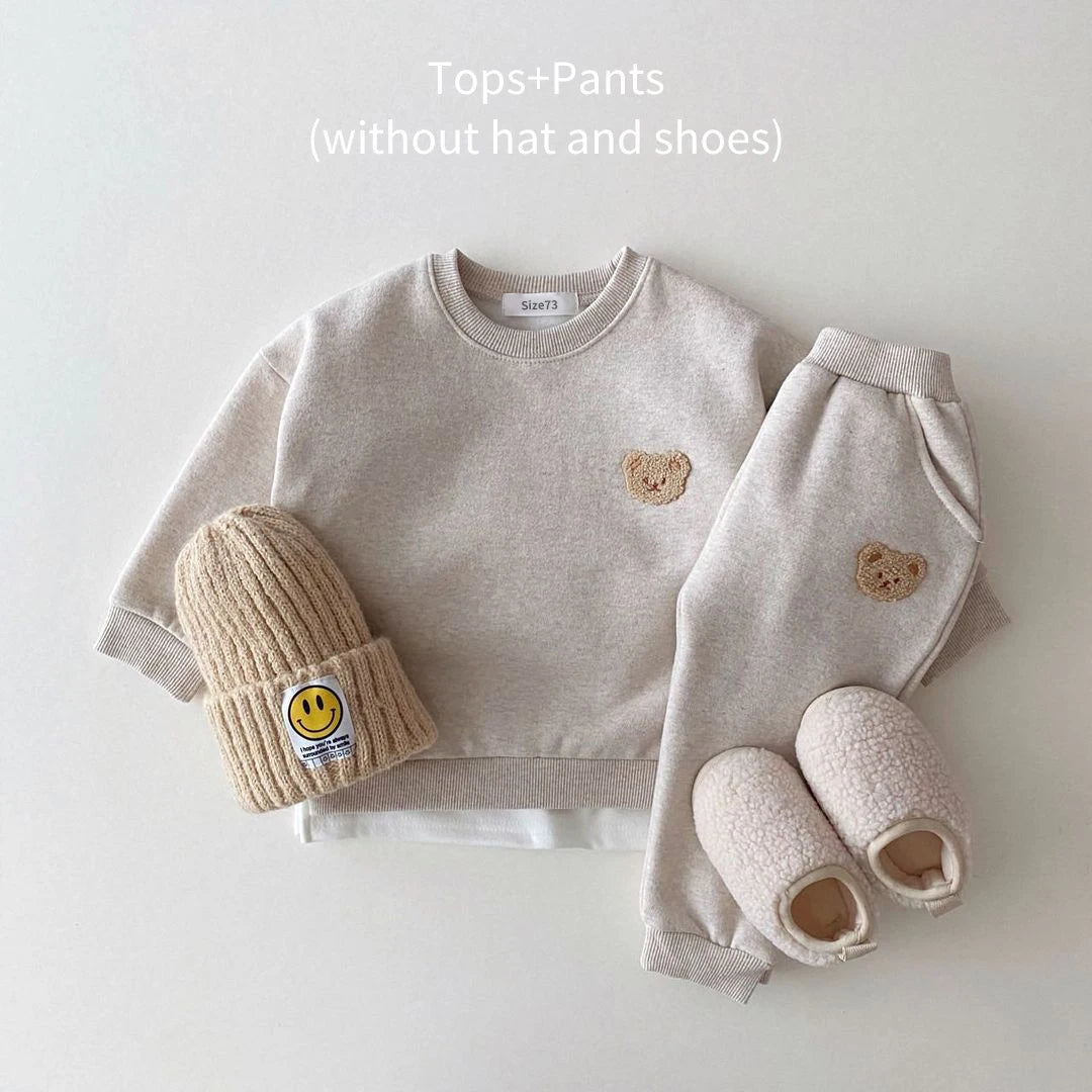 Baby Bear Embroidery  Fleece Pullover  Set  Sweatshirt Tops+Harem Jogger Pants Suits 2pcs Girls Boys  Lined Clothes