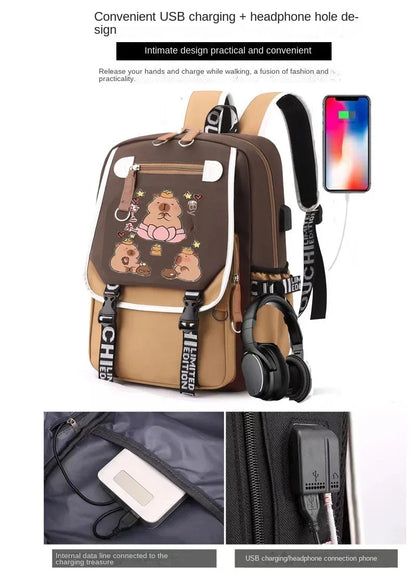 Kawaii Capybara Stylish Computer Backpack College School Casual Daypack Teens Bag Large Capacity Adjustable Strap Schoolbag