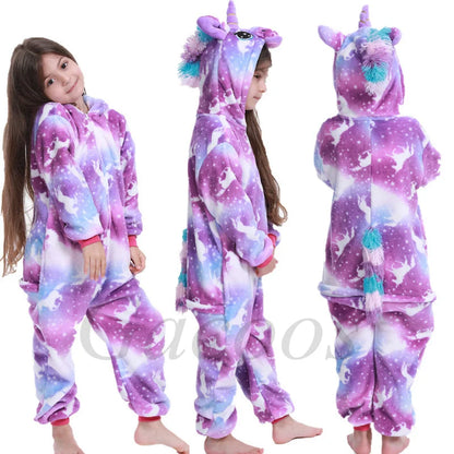 Unicorn Kigurumi for Kids Onesies Winter Flannel Warm Pajamas Animal Lion Dinosaur Hooded Sleepwear Jumpsuit Cospaly Costumes