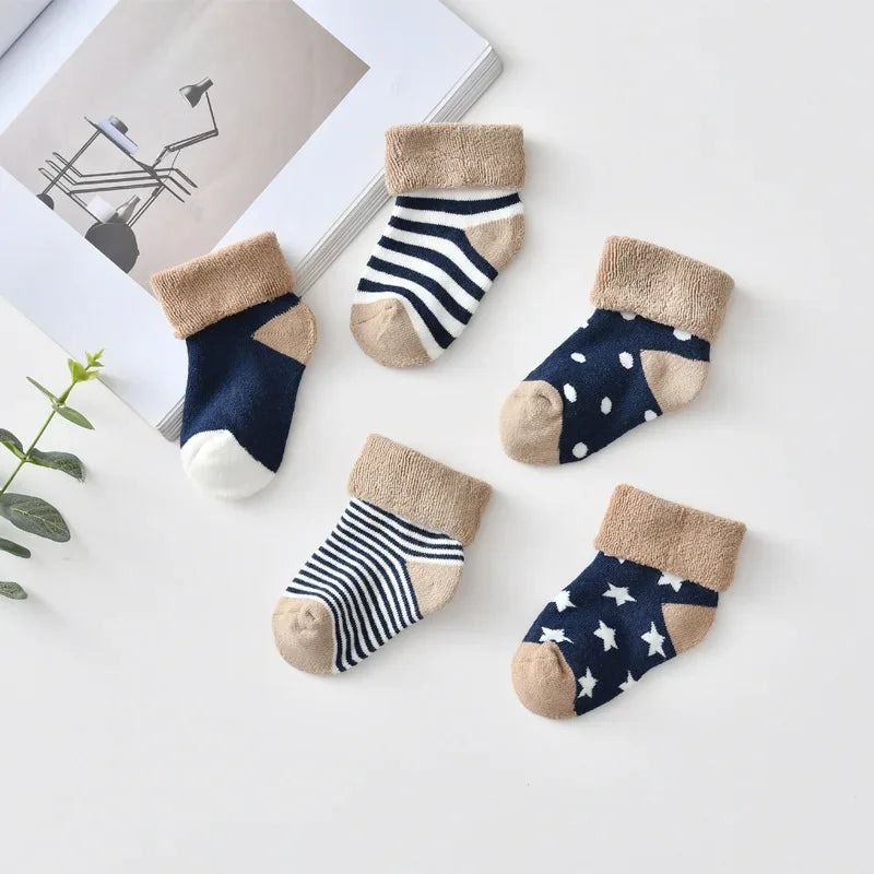 5 Pairs Autumn Winter Warm Strip Baby Sock Cute Cartoon Dot Thick Infant Floor Sock Soft Star Pattern Newborn Toddler Sock