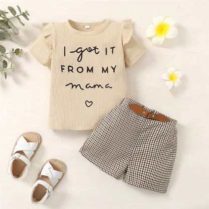 2PCS Toddler Baby Girl Clothes Set Letter Print Short Sleeve Top+Checkered Shorts Summer Fashion Outfit for Kid Girl 1-6 Years