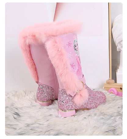 Disney Girls' High Heel Boots Winter Children's High Sleeve Plush Snow Warm Boots Princess Elsa Long Pink Blue Boots Size 26-37