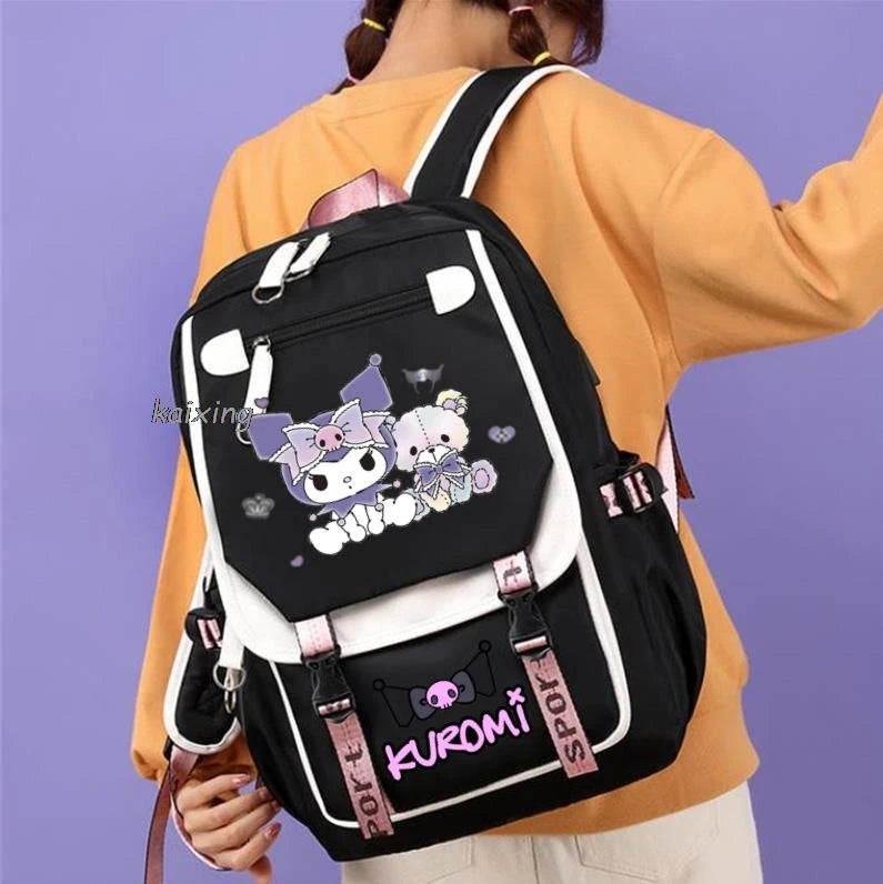 Lovely Kuromi Melody Backpacks USB Cartoon Purple Printed Boy Girls School Bag Students Bookbag Teens Women Mochila Escolar Niña