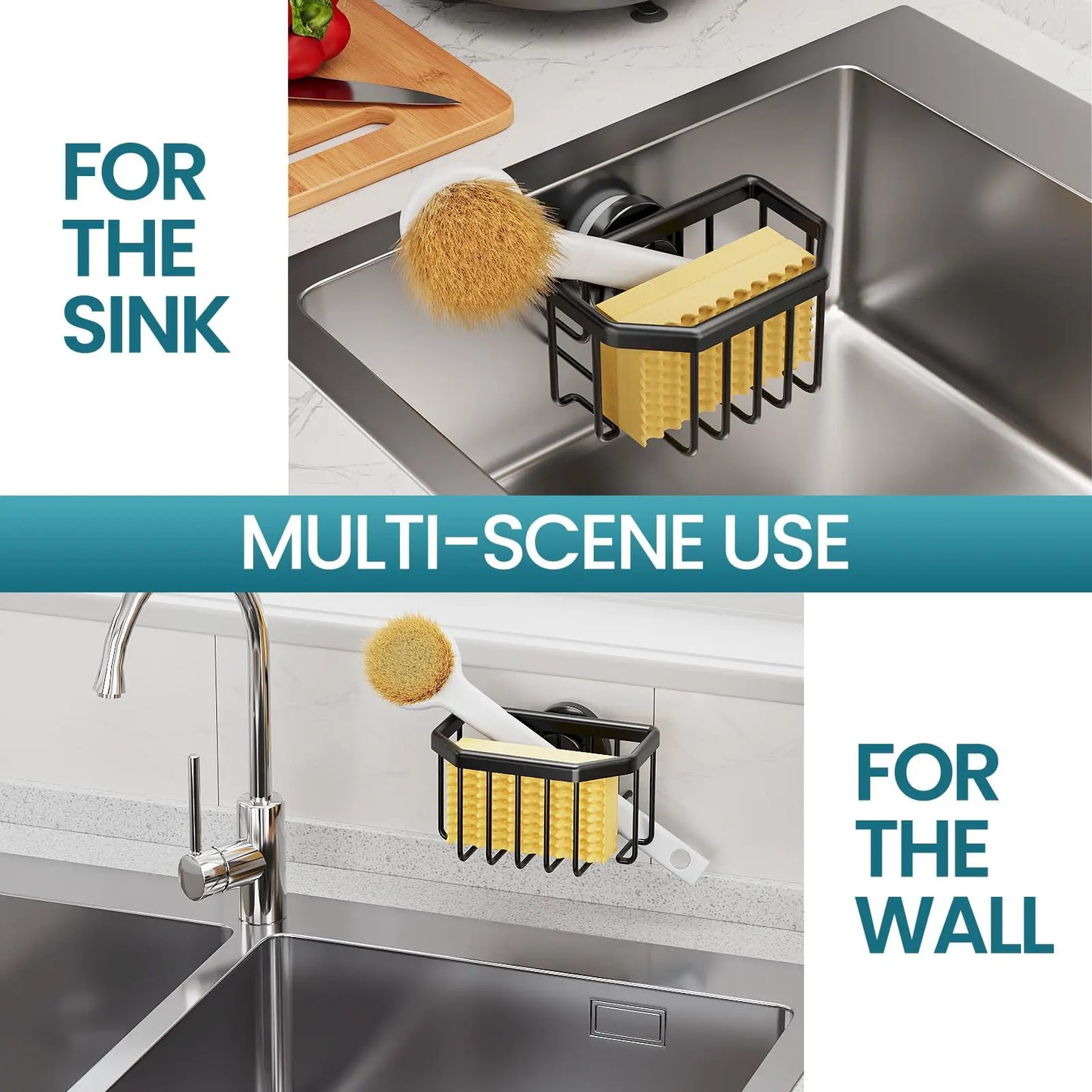 TAILI Sponge Holder with Strong Suction Cup, Dish Sponge Caddy Inside Sink Removable, Rustproof Aluminum for Sponges, Brushes