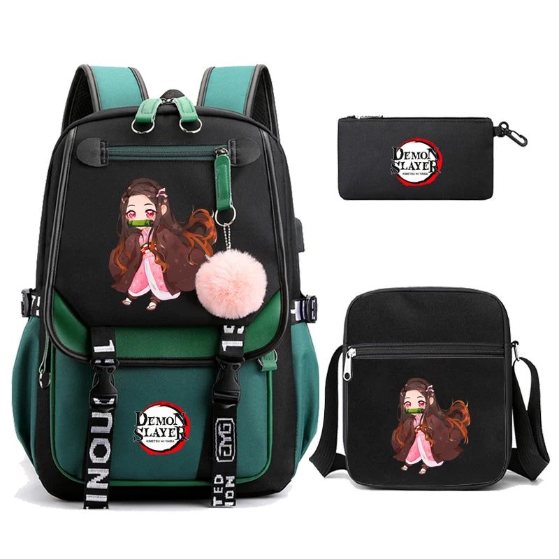 3Pcs/set Anime Kamado Nezuko Demon Slayer Backpacks for Girls School Bag Teenager Student Canvas Laptop Back Pack Women Rucksack