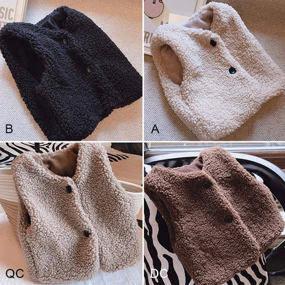 Autumn Winter Baby Lamb Wool Plus Velvet Waistcoat Girls Boys Plush Vest Single Breasted V Neck Child Warm Fashion Warm Coat