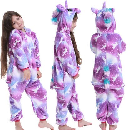 Unicorn Kigurumi for Kids Onesies Winter Flannel Warm Pajamas Animal Lion Dinosaur Hooded Sleepwear Jumpsuit Cospaly Costumes