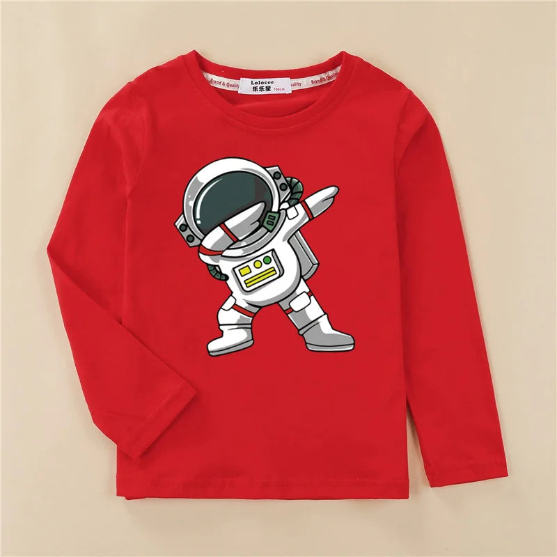 Kids Astronaut Cartoon Clothes Baby Boys Cotton Shirt Long Sleeved Cotton T-shirt Children Spaceman Tops 3-14T