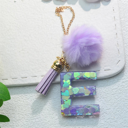 Sparkling Fashion Initials Letter Charm Keychains With Pompom Tassel Handle Pendant Keyrings for Tumbler Women Cup Accessories