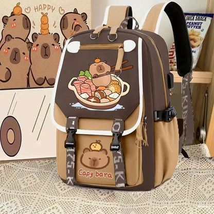 Cute Capybara Backpack Waterproof Large-Capacity Multi-Compartment Backpack Animal Print School Bag Capybara Plush Toy Included