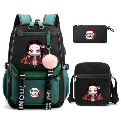 3Pcs/set Anime Kamado Nezuko Demon Slayer Backpacks for Girls School Bag Teenager Student Canvas Laptop Back Pack Women Rucksack