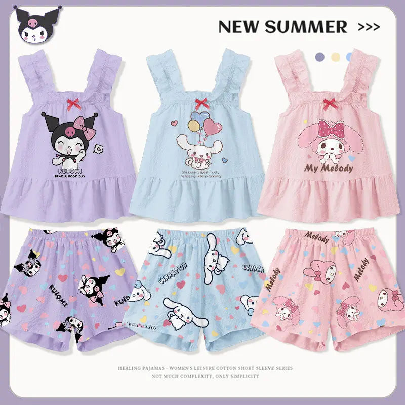 Sanrio Kuromi Kids Cinnamoroll Cartoon Pajamas Set Cute My Melody Girls Boys Summer Short Sleeved Home Set Children Gift