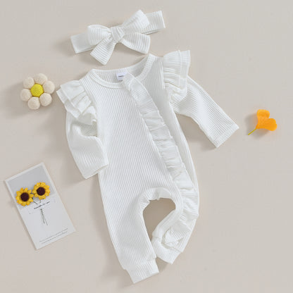 Pudcoco Infant Baby Girl Autumn Jumpsuit Solid Color Round Neck Flying Sleeve Ruffled Zipper Romper with Bow Headband 0-12M