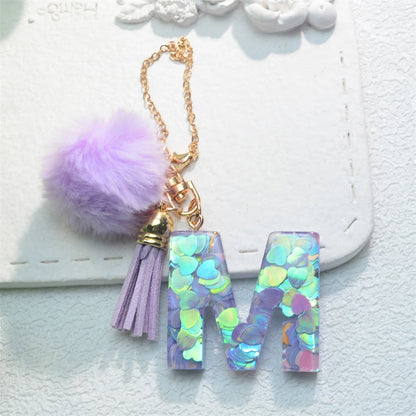 Sparkling Fashion Initials Letter Charm Keychains With Pompom Tassel Handle Pendant Keyrings for Tumbler Women Cup Accessories