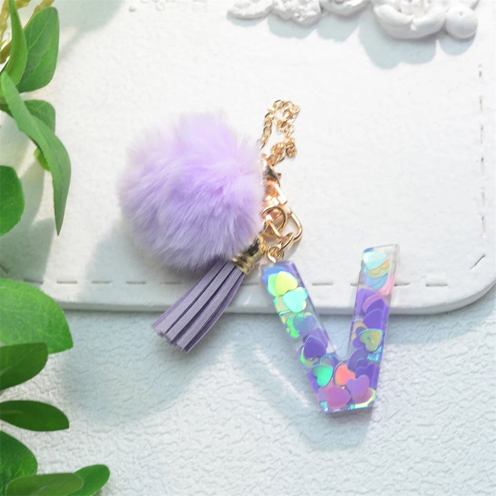 Sparkling Fashion Initials Letter Charm Keychains With Pompom Tassel Handle Pendant Keyrings for Tumbler Women Cup Accessories