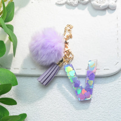 Sparkling Fashion Initials Letter Charm Keychains With Pompom Tassel Handle Pendant Keyrings for Tumbler Women Cup Accessories