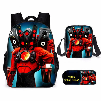 3pcs Skibidi Toilet Titan Drillman Schoolbag Set, Titan Speakerman Print Student Rucksack, Casual Backpack For Boys And Kids