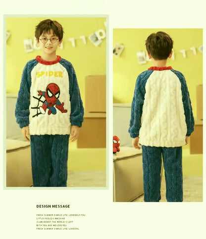 Winter Disney Children Clothing Boys Sleepwear Set Flannel Thick Long Sleeve Warm Set Pajamas Two Pieces Kids Clothes Spiderman