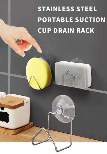 Portable Suction Cup Stainless Steel Drain Rack Cleaning Cloth Shelf Dish Drainer Sponge Holder Sink Rack Kitchen Accessories