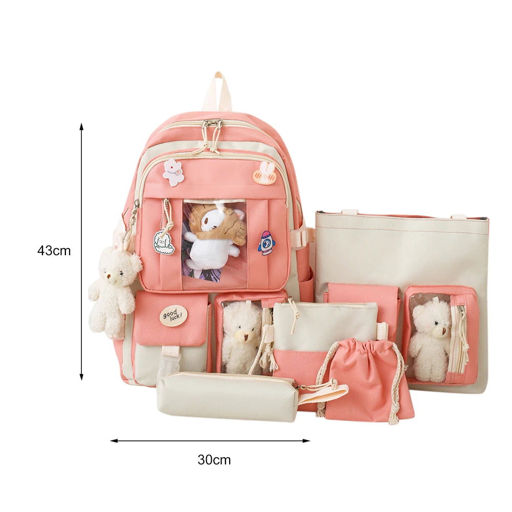 5 Pcs Set Kawaii Girls Backpack For Student School Bag Teenager Girls Schoolbag Book Bags Pencil Case Women Travel Backpack Tote