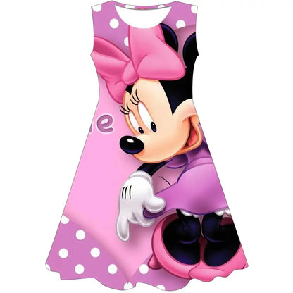 Minnie Mouse Girls Dress 2024 Summer New Girls Round Collar Disney Series Cartoon Casual Dresses Party Evening One Piece Skirts