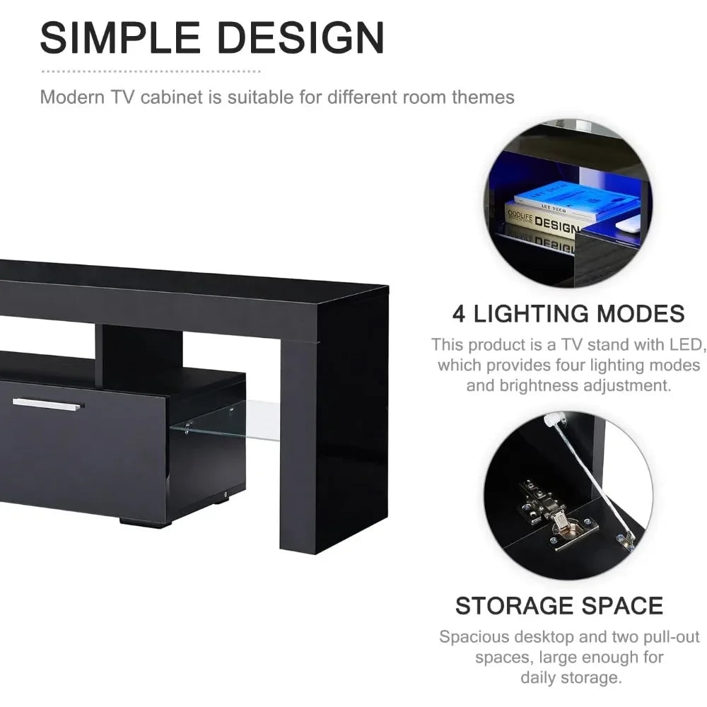 LED TV Stand for 75 Inch TV, High Gloss TV Entertainment Center with Storage Drawer, TV Console Table