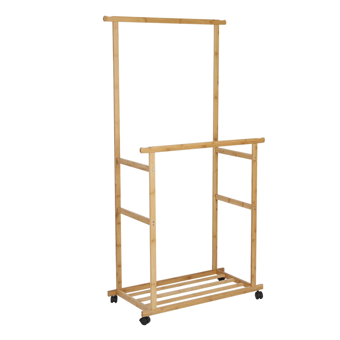 Bamboo Clothes Rail Rack Double Hanging Rails Clothes Rack on Wheels Free Standing Garment Rack with Storage Shelves Coat Rack