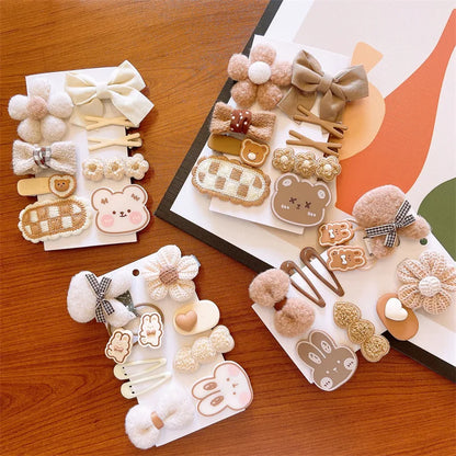 9Pcs/Lot Cartoon Baby Girls Hair Clips Korean Fabric Bow Flower Bear Hairpin Autumn Plush Barrettes Kids Hair Accessories