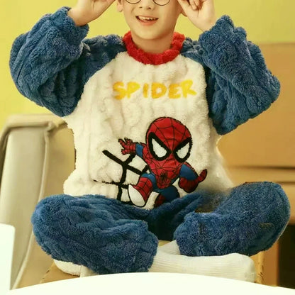 Winter Disney Children Clothing Boys Sleepwear Set Flannel Thick Long Sleeve Warm Set Pajamas Two Pieces Kids Clothes Spiderman