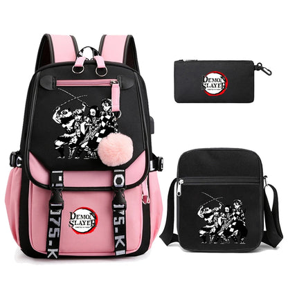 3Pcs/set Anime Kamado Nezuko Demon Slayer Backpacks for Girls School Bag Teenager Student Canvas Laptop Back Pack Women Rucksack