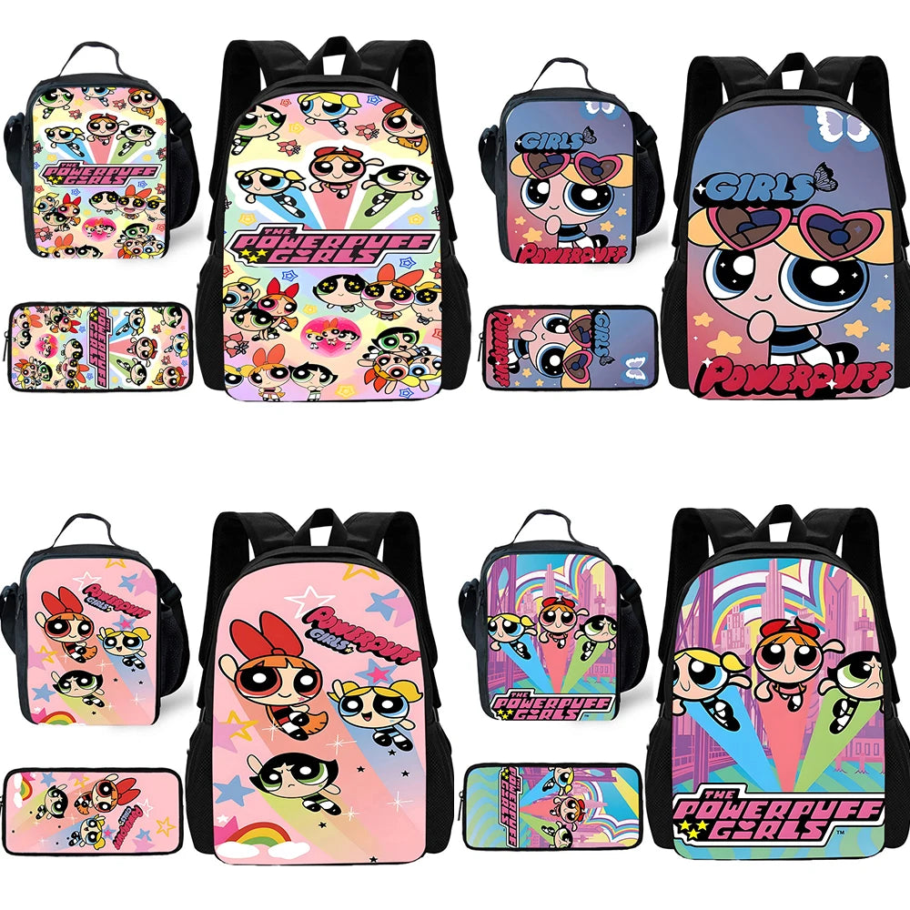 3 pcs set Cute Anime Powerpuffs Girlss Child School Backpack with Lunch Bags ,Pencil Bags ,School Bags for Boys Girls Best Gift