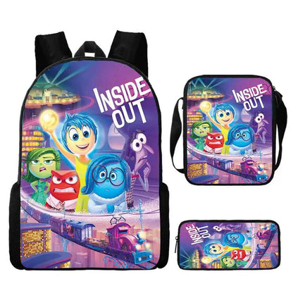 3pcs set Disney School Inside Cartoon Out Printing Backpack with Satchel Pencil Case, Kids Bags Custom Large Capacity Backpack