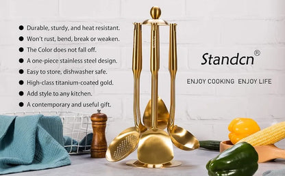 Gold Kitchen Utensils Set with Stand – 7 Piece 304 Stainless Steel Brass Cooking Tools with Rotating Holder, Spatula, Slotted