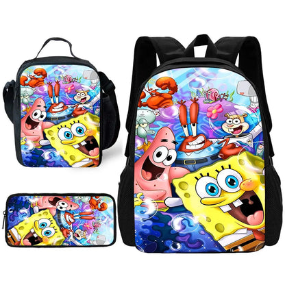 Cartoon Cute Child School Backpack with Lunch Bags ,Pencil Bags ,School Bags for S-spongebobS Boys Girls Best Gift