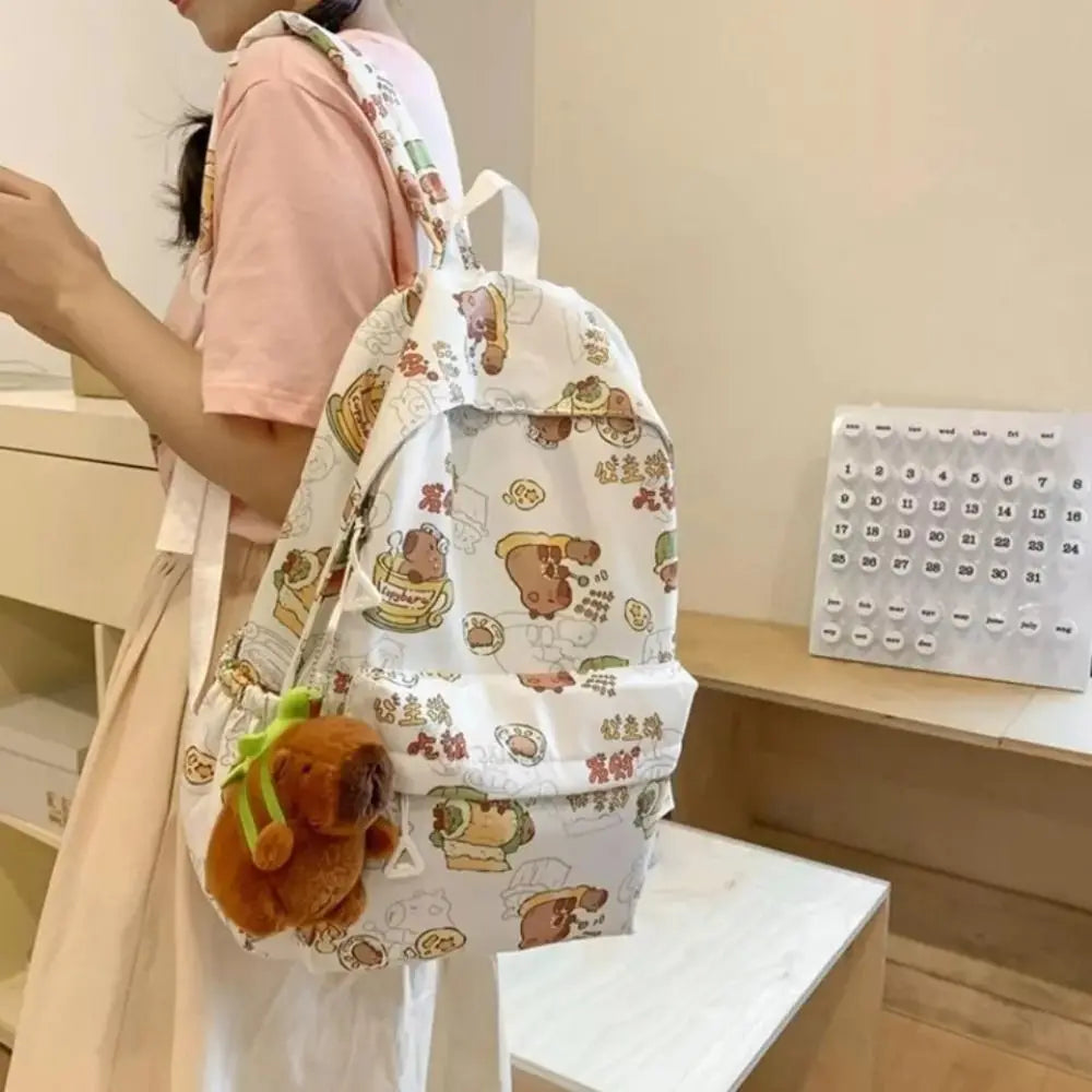 Kawaii Cartoon Capybara Backpack Funny Large Capacity Capybara School Bag Nylon Handbag Student Laptop Bag NO Pendant