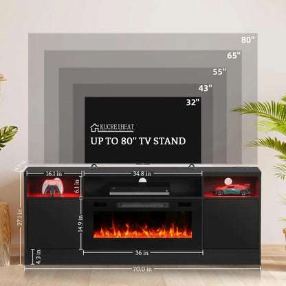 70'' TV Stand with 36'' Fireplace-LED Light Entertainment Center for 75+ Inch TV-White TV Cabinet with Storage,Modern TV Console