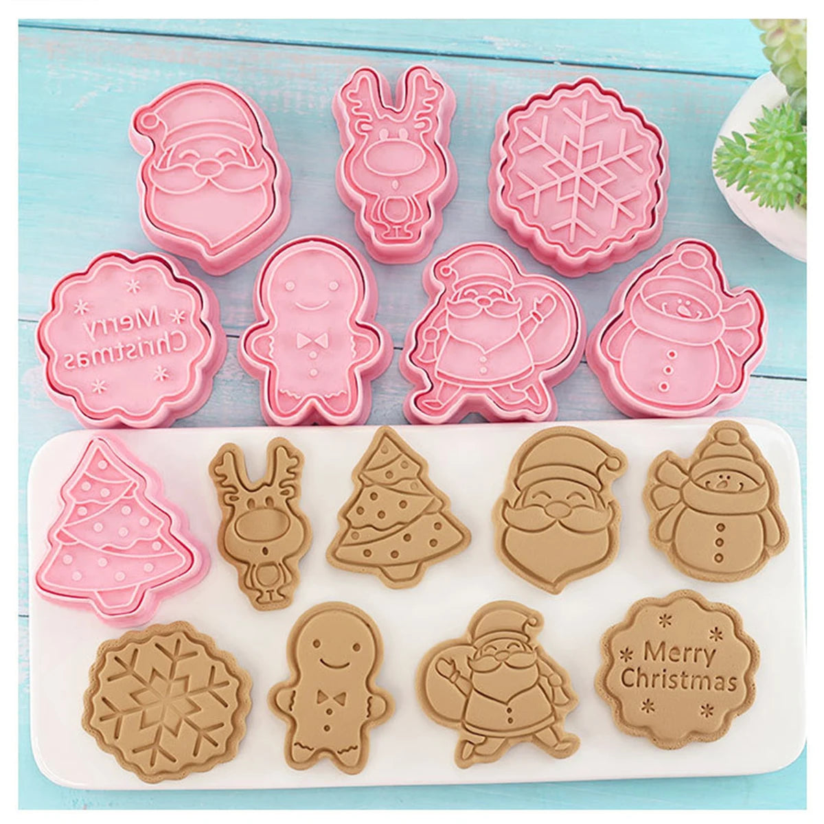 8 Pieces Cookie Cutter Press Christmas Santa Claus Biscuit Mold Plastic Cookie Stamp Confectionery Kitchen Baking Pastry Tools