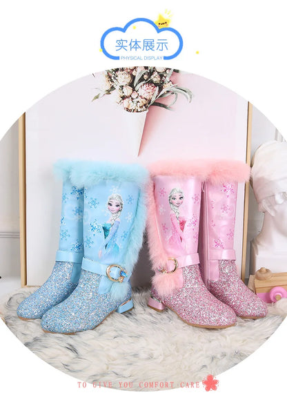 Disney Girls' High Heel Boots Winter Children's High Sleeve Plush Snow Warm Boots Princess Elsa Long Pink Blue Boots Size 26-37