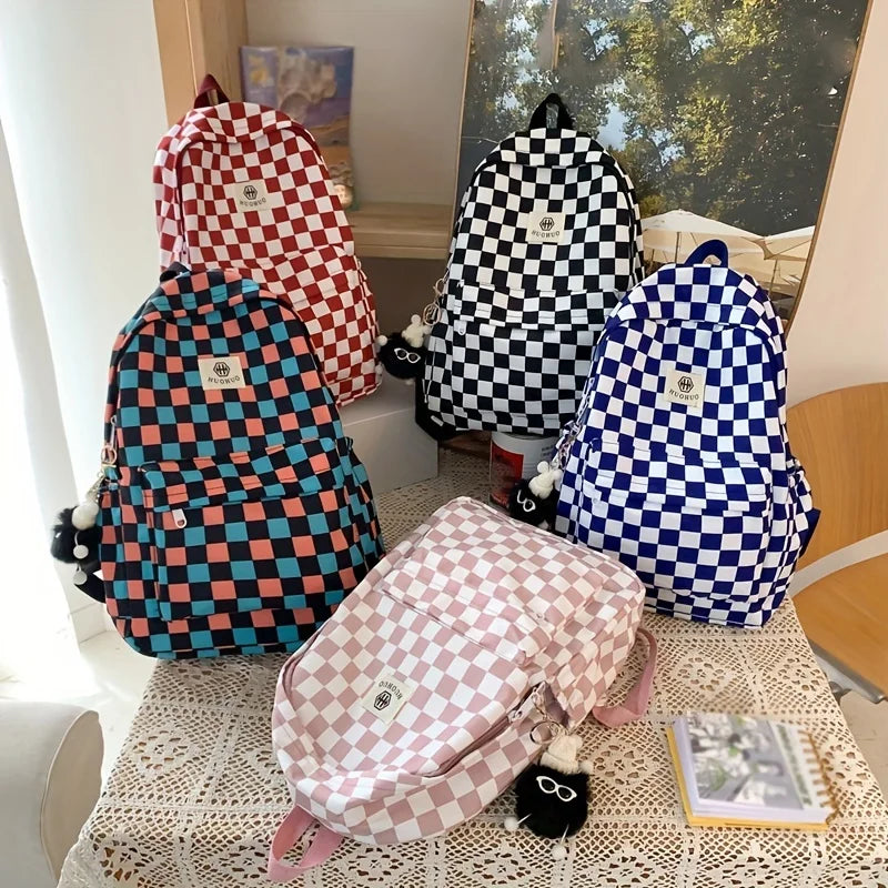 Schoolbags for female junior high school students, high school students, middle school students, ins style girls' backpacks, girls' checkerboard backpacks, five colors optional